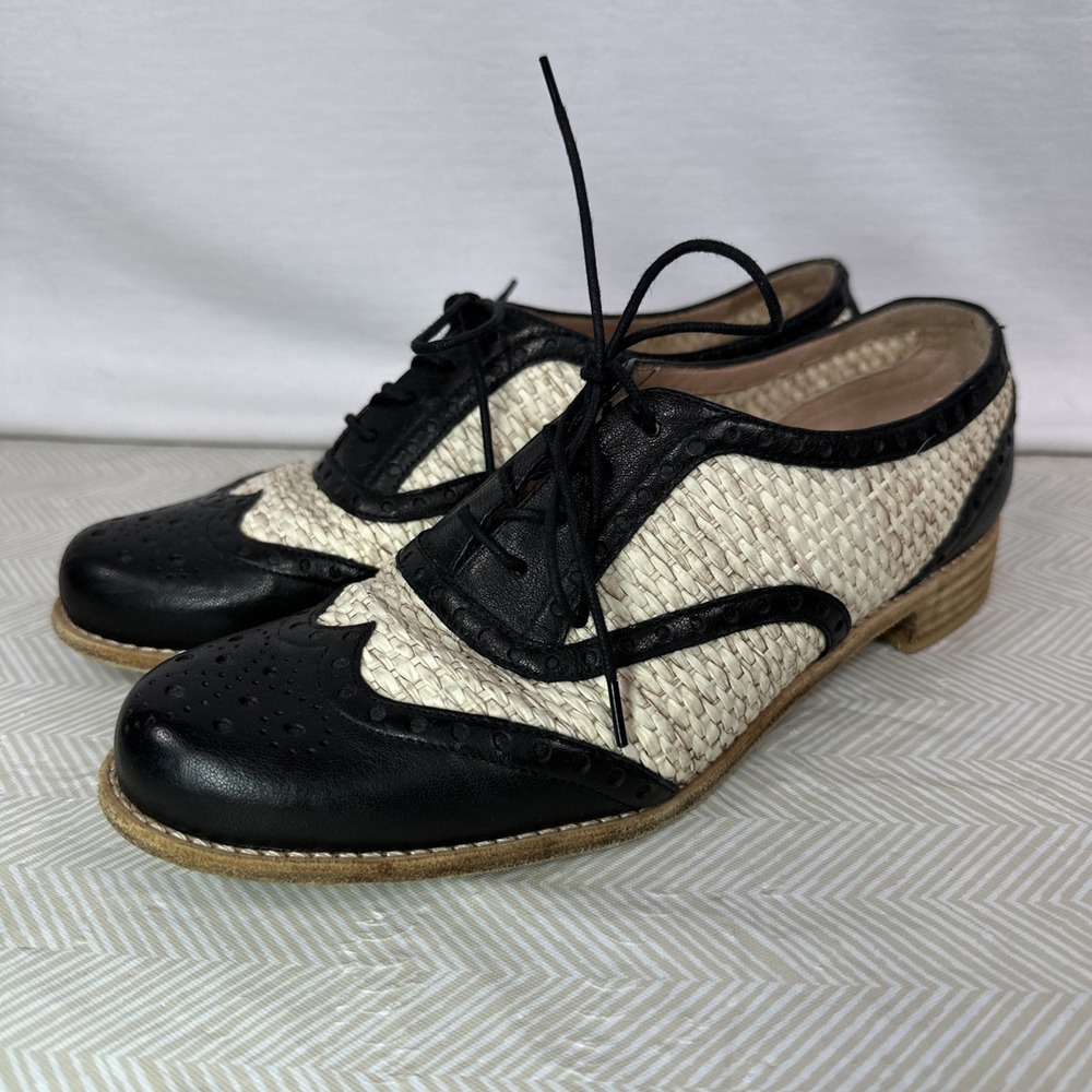 Stuart Weitzman Wingtip Oxfords Women's 36 1/2 Leather Woven Twine Lace Up